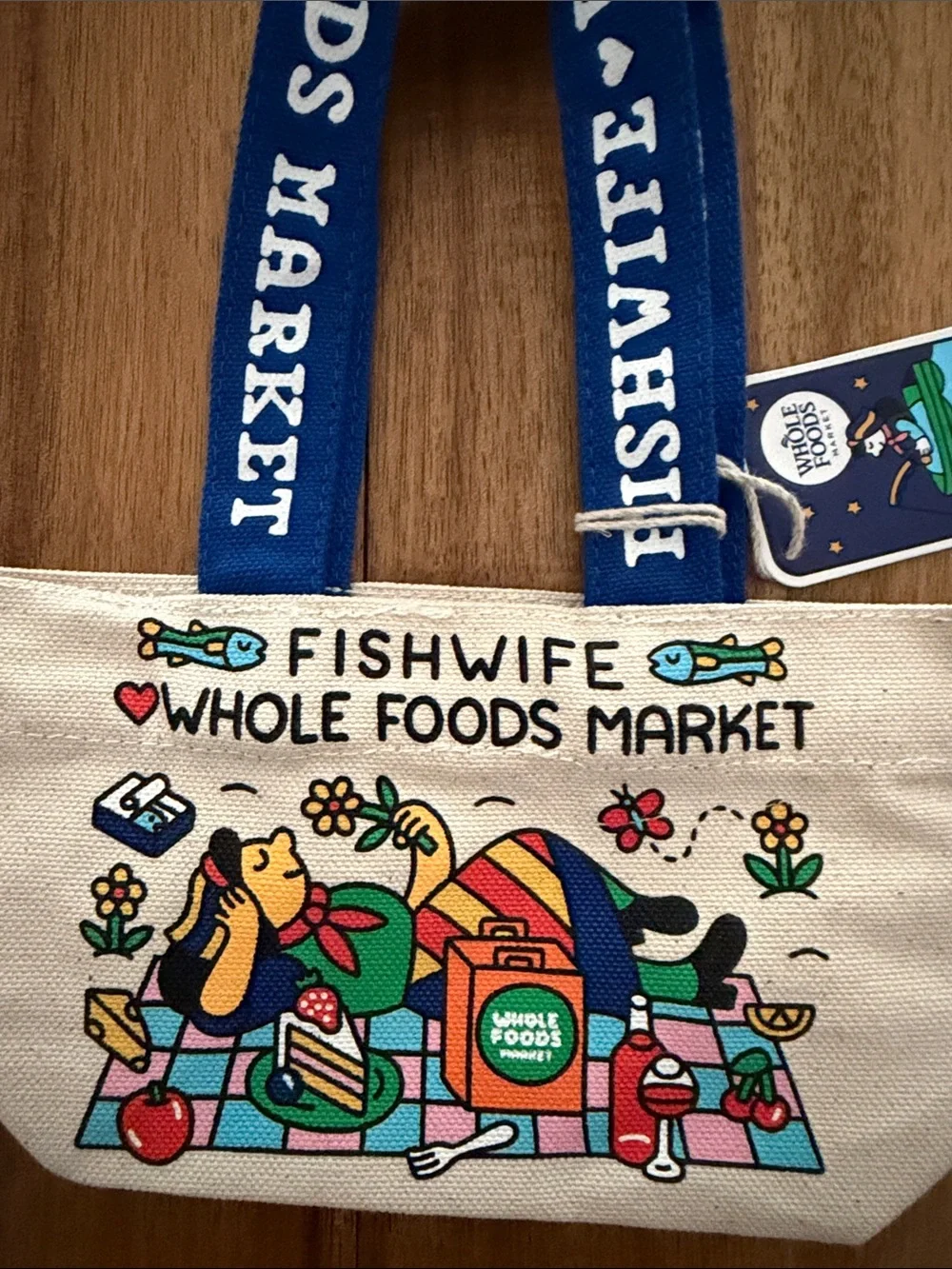 Whole Foods Market Fishwife Blue-Handled Canvas Tote Bag